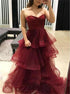 Sweetheart Burgundy Ruffles Organza Layered  Prom Dresses LBQ0731